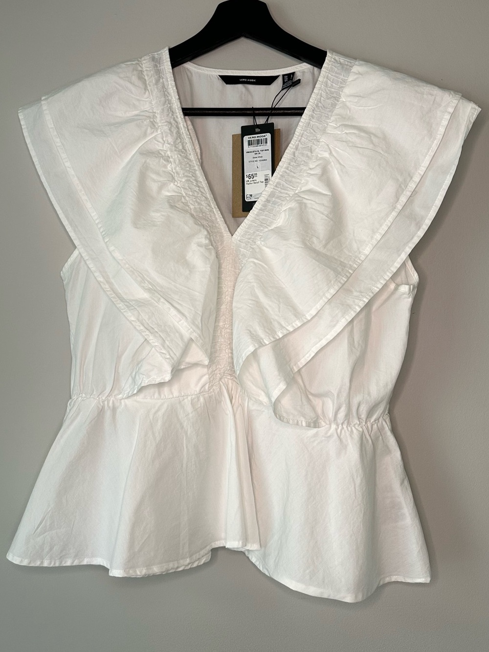 NWT Vero Moda White Ruffled V-Neck Peplum Organic 100% Cotton Blouse Large